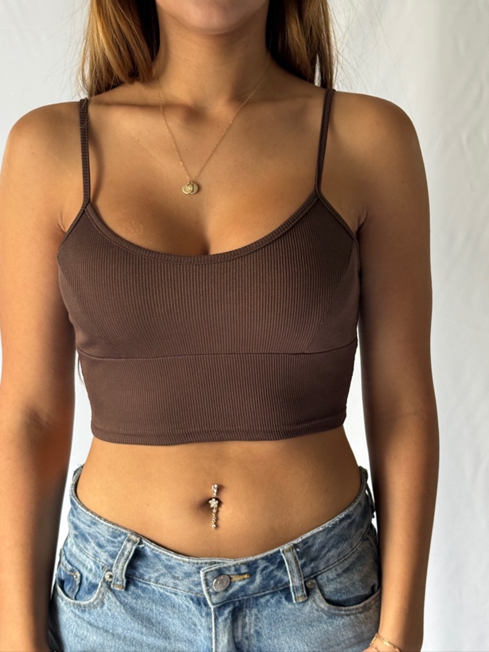 Chocolate Brown Ribbed Spaghetti Strap Cropped Cami